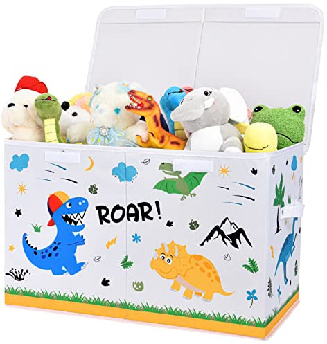 WERNNSAI Dinosaurier Aufbewahrungsbox mit Deckel - Kinder Spielzeugkiste 64 x 32 x 40 Spielzeug Kleidung Bücher Aufbewahrung Spielzeugbox mit Griffen für Jungen Kinderzimmer Kindergarten