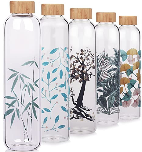 Cleesmil Gourde en Verre 1000ml / 1 litre Bouteille d'eau en Verre sans BPA avec Manchon en Néoprène (Bambou)