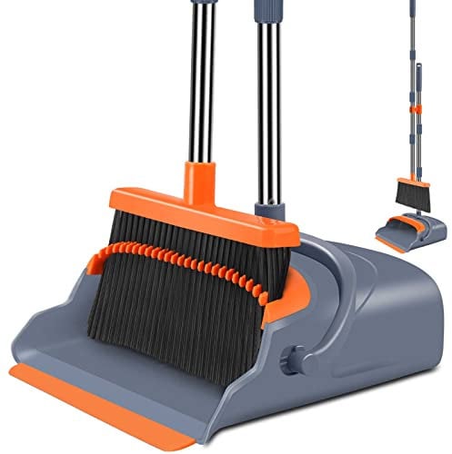 kelamayi Juego de Escoba y recogedor para el hogar, Mango súper Largo, recogedor Vertical para el hogar, habitación, Cocina, Oficina, vestíbulo, Uso en Suelo al Aire Libre (Gris y Naranja)