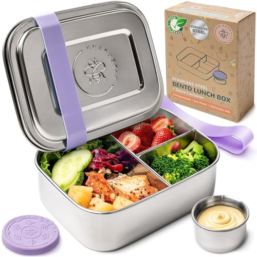 Everusely Bento Box in acciaio inossidabile - Lavanda - 0,8 L | Everusely - Lunch box a 3 scomparti con contenitore per condimenti a tenuta stagna