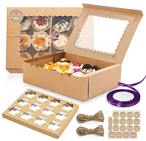 TWBEST Cupcake Box 15 Stück 12er Cupcake Muffin Box mit Fenster und Einsätzen, Cupcake-Box Muffin Box mit Seil und Stickern