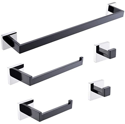TURS 5-Piece Bathroom Hardware Set Matte Black and Polished Chrome Towel Bar Holder Set Hand Towel Holder Toilet Paper Holder and 2 Towel Hooks,Stainless Steel Wall Mounted