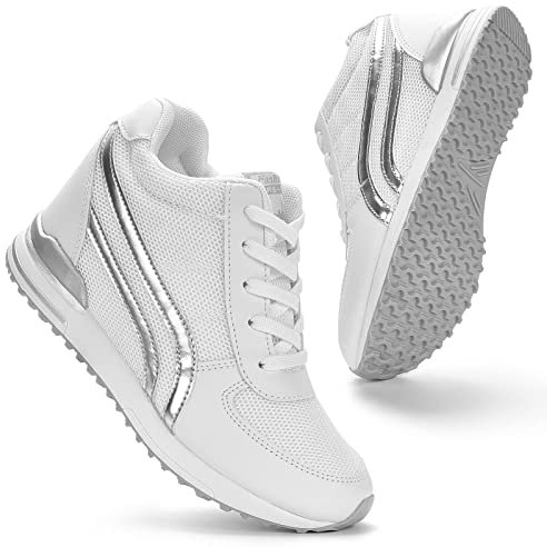 KOWAYI Basket Compensee Femme,Baskets Femme Compensés Chic De Caché Talon 7.5CM Mode Chaussure Baskets Femme Semelle Plateforme Confortable Fitness Sneakers Blanc 36