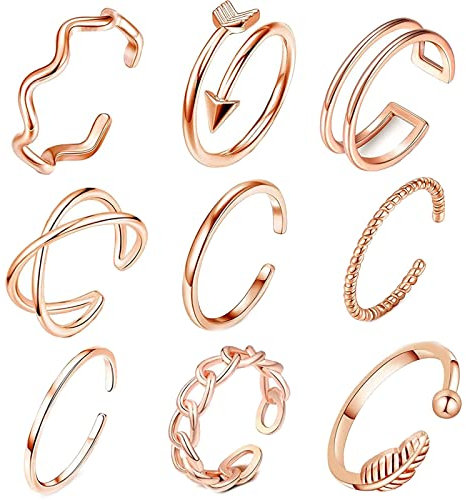 GHYUI Ringe Set für Damen - Verstellbare Ringe in Rosegold, Boho, Vintage & Minimalistischer Stil, Stapelbar & Statement Modeschmuck - 9PCS