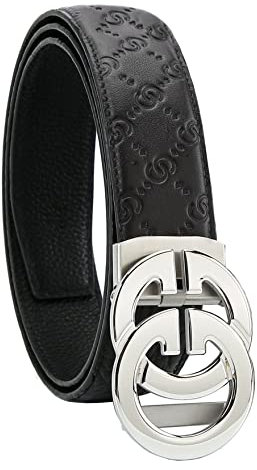 KLWINO Herrengürtel aus weichem Leder mit automatischer Schnalle und Ratsche, verstellbare Länge, Prägung: Schwarz / Silber, 20-44W