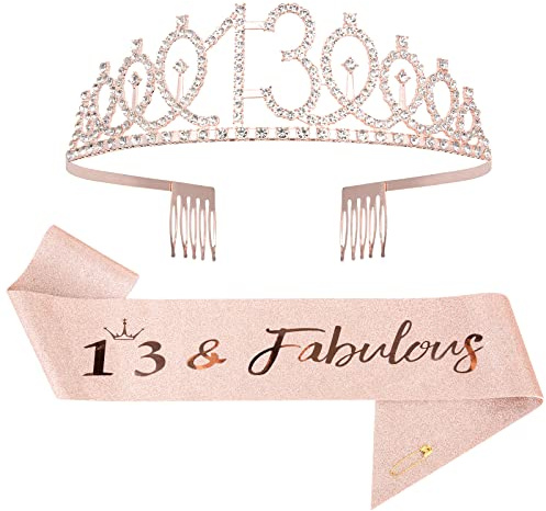 Mikccer 13 Geburtstag Mädchen Schärpe und Tiara, 13. Roségold Kristall Geburtstagkrone Set, 13 Geburtstag Deko Birthday Crown für Mädchen Frauen Party Accessoires