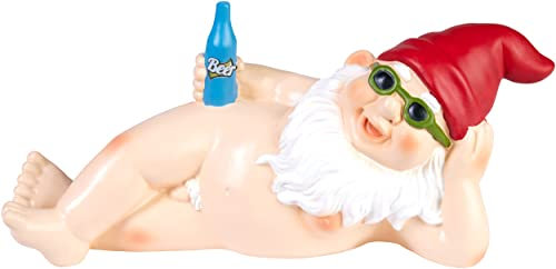 BRUBAKER Gartenzwerg Nackt Liegend - FKK Zwerg mit Bier und Sonnenbrille - freizügige Gartenfigur Nudist Lustig - Dekoration Wetterfest für Garten Campingplatz - Gartendeko für außen - 24 cm