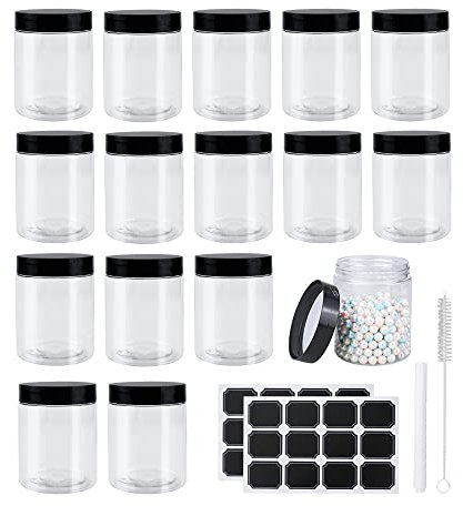BiBiFly 250ml 16pcs Clear Plastic Round Jars with Black Lids, Leak-Proof Storage Jars Containers for DIY Crafts, Kitchen Use, Beauty Product and More