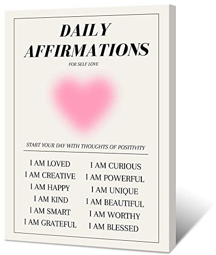 Daily Affirmations Aura Motivierende, moderne Leinwand-Wandkunst, dänisch, trendig, pastell, minimalistisch, Herzform, Drucke, Gemälde, Poster, niedliches rosa Mädchenzimmer, Schlafzimmer, Wandkunst,
