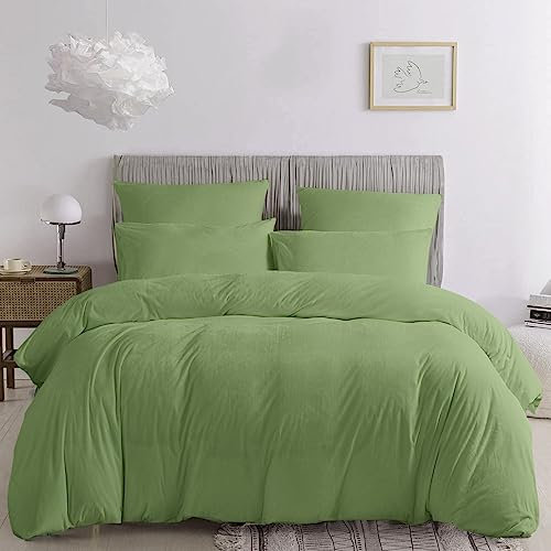 Damier Winter Bettwäsche 155x220 Plüsch Warm Grün Hellgrün Uni Einfarbig Cashmere Touch Bettwäsche Set 3 Teilig Kuschelig Flauschig Fleece Bettbezug Set mit Reißverschluss und 2 Kissenbezüge 80x80 cm