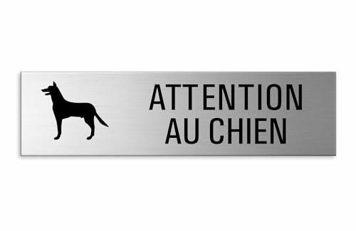 Plaque Attention au chien 150x40 mm Aluminium brossé Aspect Acier inox auto-adhésif