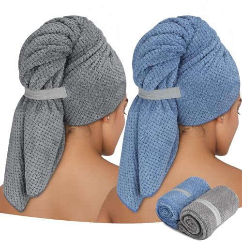 ytorgr 2 Stück Mikrofaser Handtuch für Langes Haar/ 100 x 60 cm Premium Haarturban mit Elastischem Band/Schnell Trocknend Super Saugfähig