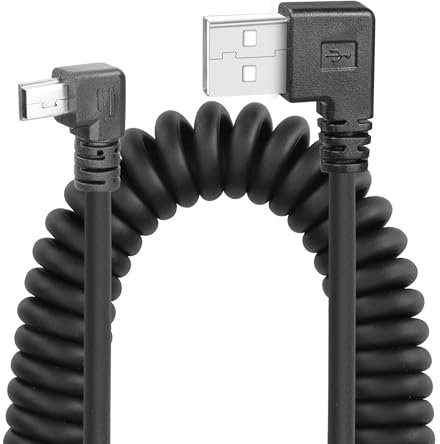 YACSEJAO Coiled Mini USB Cable 90 Degree, USB Type A to Mini B Male Data Sync & Charge Spiral Cable for Printers, Cameras, Mouse, Cell Phone (Dual Left)