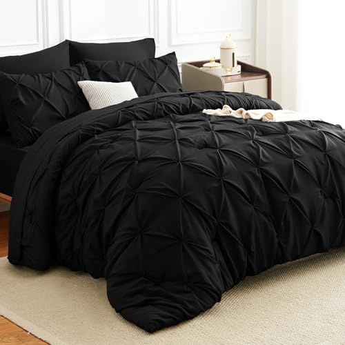 HIMEET Queen Comforter Set 7 Pieces Bed in A Bag Black Luxury Soft Queen Size Bed Set Pintuck Pinch Pleat Bedding Sets with Comforter, Flat Sheet, Fitted Sheet and Pillowcases & Shams
