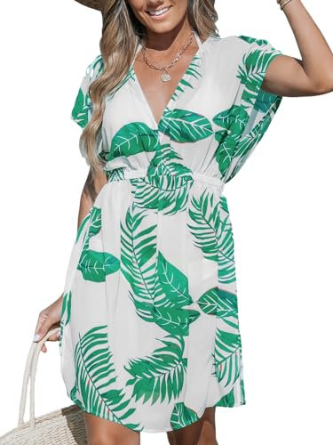 CUPSHE Women's Plunge V Neck Elastic Waisted Cover Up Set Split Short Sleeve Pull Over Mid Length Skirt White Green Leaf S