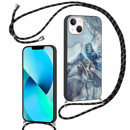 ZhuoFan Coque avec Cordon pour iPhone 13 Mini 5,4 avec Motif Marbre Case, Aesthetic Silicone étui avec Collier Réglable Corde, Souple TPU Antichoc Housse de Protection pour Femmes et Filles, Noir