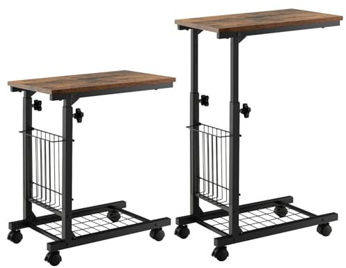 GYMAX Mesa Auxiliar en Forma de C, Mesa para Ordenador Portátil con Ruedas, Mesa de Sofá con Estante Lateral y Base de Rejilla, Mesa Alta para Ordenador Portátil y Revista, 50 x 30 x 80 cm (Marrón)