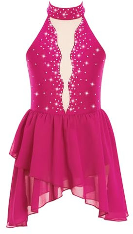 CHICTRY Abito da Pattinaggio Artistico Bambina Paillettes Tutu Vestito Danza Classica Body da Balletto Abito da Ballo Latino Ballerina Costumi di Danza Jazz Performance Rosa caldo C 11-12 anni