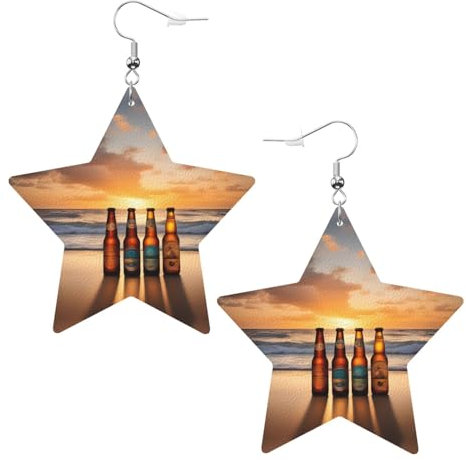 Modische Stern-Ohrringe für Flaschen, Bier, Strand, Sonnenuntergang, Zeit, stilvoll, schön, leicht, baumelnd für Frauen und Mädchen, Einheitsgröße, Leder