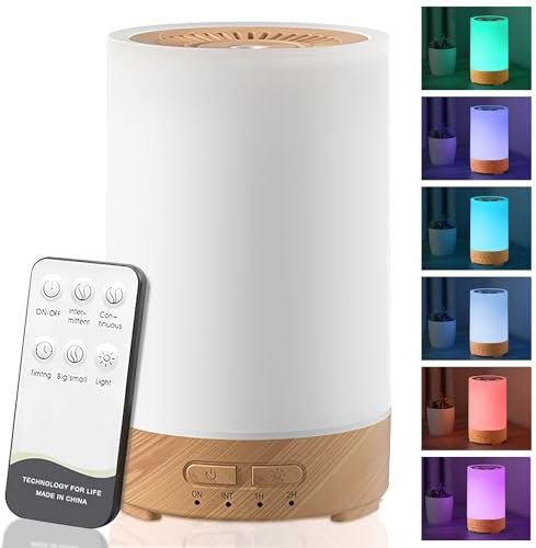 Aolawco 150ml Aroma Diffuser mit Fernbedienung, Timing -Premium Ultraschall Aromatherapie Öle Diffusor mit 7-farbigem LED-Licht, Warmweiß Licht Weiß Holzmaserung Diffusor für Zuhause Büro Oder