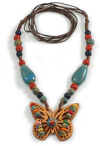 Avalaya Collana in corda di seta marrone con ciondolo a forma di farfalla in legno, 70 cm L/leggera variazione di colore/irregolarità naturali