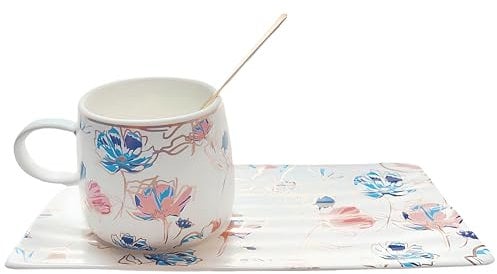 MEETOZ Euro Style Ceramic Coffee Mug Set Tea Cup with Spoon and Tray, Retro Flower Style Tea Cups and Saucers Set, for Coffee, Hot Chocolate, Cappuccino, and Latte Breakfast (Vintage Flower 1)