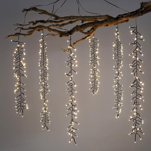 Kaskaden Büschel Lichterkette warm weiß mit 6 Strängen - 480 LED - Lichtervorhang mit 8 Leuchtmodi für Außen mit Timer - Outdoor Weihnachten Advent Deko beleuchtung Lichterschweif Lichterbündel kabel