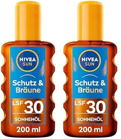 NIVEA SUN Schutz & Bräune Sonnenöl Spray LSF 30 (200 ml), Sonnencreme mit Pro-Melanin-Extrakt für eine ebenmäßige Bräune, sofortiger Sonnenschutz mit UVA/UVB-Filtersystem (Packung mit 2)