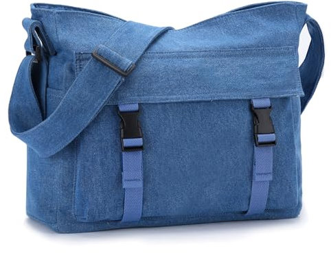 VASCHY Umhängetaschen Herren Damen, Leichte Große Canvas Messenger Bag Crossbody Schulter Hobo Bag für Arbeit/Reisen/College/Schule Denim-Blau