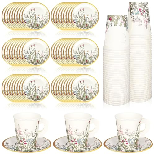 Whaline 80 Pcs Floral Paper Tea Cups and Saucers 9 oz Vintage Wildflower Disposable Paper Tea Cups with Handle and Plates for Spring Wedding Birthday Bridal Baby Shower Mother's Day Tea Party Decor