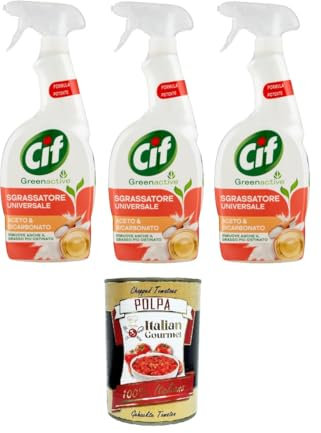 Cif Multi-Oberflächen-Sprüh-Entfetter, Essig und Bicarbonat, Green Active 3x650ml+ Italian Gourmet polpa 400gr