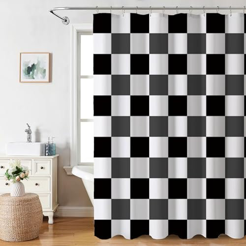 AIBIIN Rideau de douche imperméable durable à motif damier vintage avec 12 crochets pour toutes les salles de bain - 180 x 180 cm - Noir et blanc