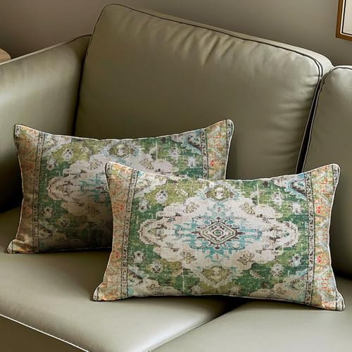 Vorysum Langes Taillenpolster 2er Set Kissenbezug 30x50 cm Grün Boho Kissenbezüge Abstrakte Deko Kissen Vintage Kissenhülle Dekorative Samt Kissen für Garten Sofa Bett Kissenhüllen