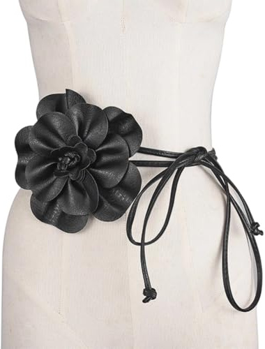 CALFOVERA Cintura Sottile in Pelle PU da 0.3 Pollice Nera con Fiori Boho in Corda di Pelle con Nappa Elegante e Sottile con Decorazioni Floreali Grandi per Donna Camicie da Abito Matrimonio