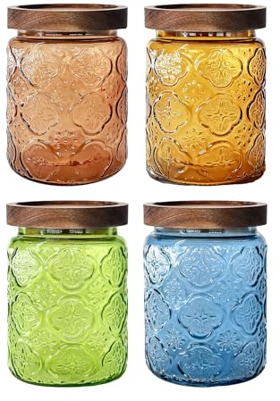 Glass Jar with Wooden Lid - 700 ML Set Airtight Storage Canisters for Kitchen Pantry Bathroom, Decorative Retro Containers for Biscuit, Cookie, Sweet, Tea, Coffee, Dry Fruit, Sugar, Salt, Begonia