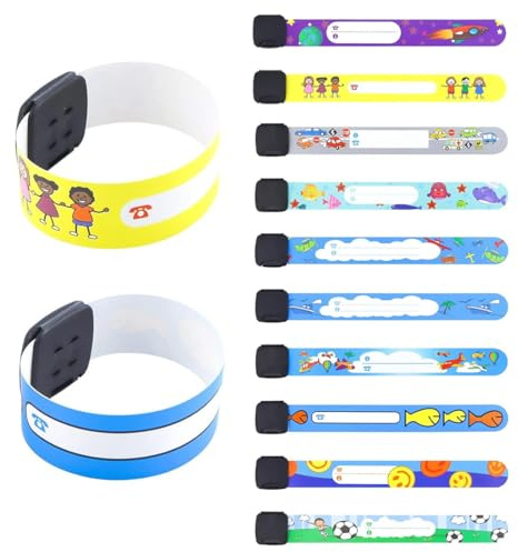 NOPKESV 10 Stück SOS Notfall-Armband für Kinder, Wasserdichtes Wiederverwendbares ID Namensarmband (für Jungen, Mädchen & Kleinkind Baby)