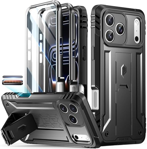 Poetic for iPhone 17 Pro Max Case with Camera Control Capture Button, [Built-in Stand] [Built-in Screen Protector] Full-Body Military Grade Rugged Phone Case for iPhone 17 Pro Max, Black