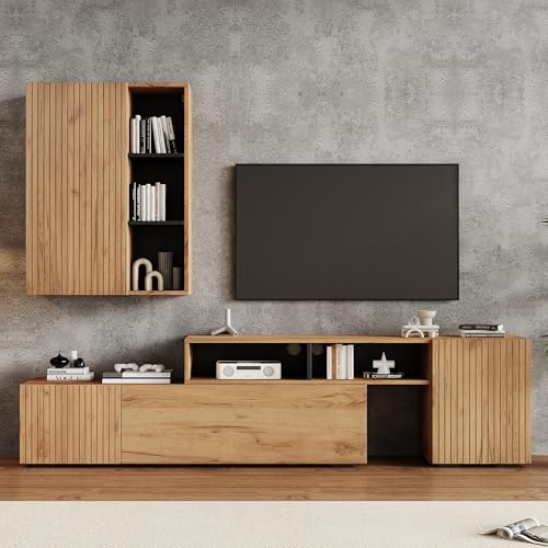 Set da parete per TV fino a 265 cm, con vetrina (set completo da 2 pezzi), con set per TV e scaffalatura, set di mobili per soggiorno, flessibile, lunghezza in piedi e sospeso, TV fino a 120, colore