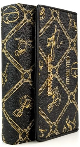 Giulia Pieralli Damen große Geldbörse Portemonnaie mit Geschenkbox Geschenkidee für Frauen All-Over Muster Monogramm (Nero-Gold (Schwarz mit goldenen Monogramm))