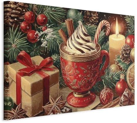 decomonkey Impression sur Toile Tasse de Noël 90x60 cm 1 Pièce Photo Déco | Tableau decoration murale, Cadre en Bois, Tasse cadeau de Noël chocolat, Tendue sur chassis en bois, Bords imprimés