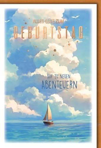 Geburtstagskarte - Abenteuerlust - Segelboot vor Wolkenhimmel in Aquarell-Optik - Klappkarte mit Umschlag Glückwunschkarte Geburtstag