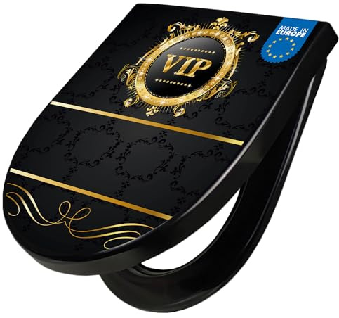banjado WC Sitz mit Absenkautomatik D Form - Toilettendeckel mit Absenkautomatik D Form - Klodeckel Softclose - stabile Klobrille - Toilettensitz Schwarz - Motiv VIP