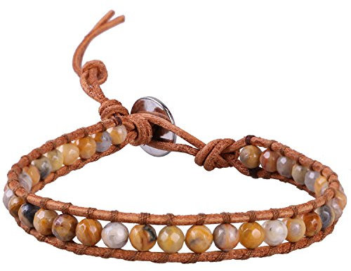 KELITCH Wickeln Armbänder Charms Personalisiert Zum Männer Frau Picture-Jasper Perlen Beige Leder Armband