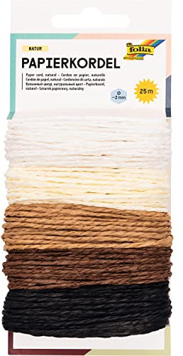 folia 12220 - Papierkordel Natur, 5 farbig sortiert, je 5 m - Schnüre aus Papier zum verzieren von Bastelarbeiten, Handarbeiten und kleinen Geschenken