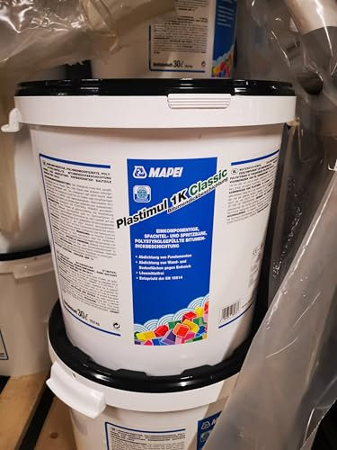 Mapei Plastimul 1K Classic Bitumendickbeschichtung 30 Liter - Bitumen, Dickbeschichtung, Keller, Wand, Einkomponentig, schrumpfarm, spachtel- & spritzbar, lösemittelfrei, rissüberbrückend.