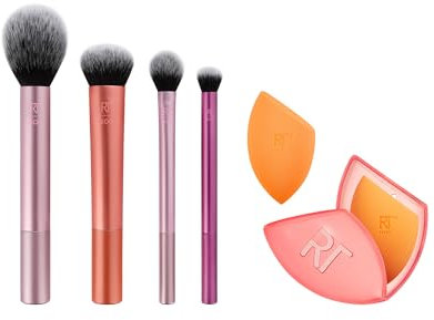 Real Techniques Makeup Brush Set with Travel Sponge Blender for Eyeshadow, Foundation, Blush, and Concealer, Set of 7
