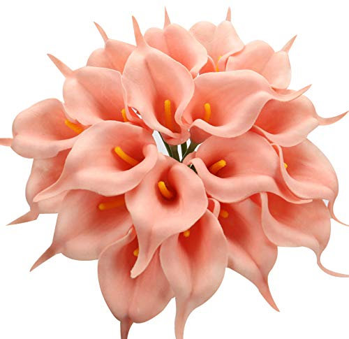 Duovlo Lot de 20 fleurs artificielles de lys calla en latex au toucher réaliste, décoration de fête (rose saumon)