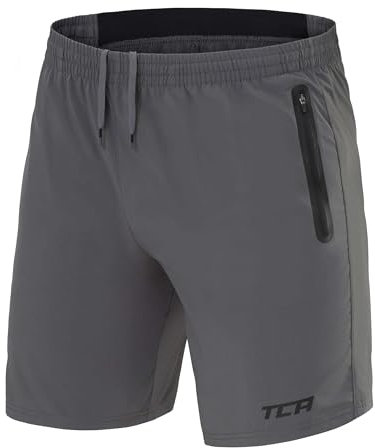 TCA Herren Elite Tech Leichte Laufhose Gymshorts Trainingsshorts und Laufshorts mit Reißverschlusstaschen - Sporthose Herren Kurz - Grau, L