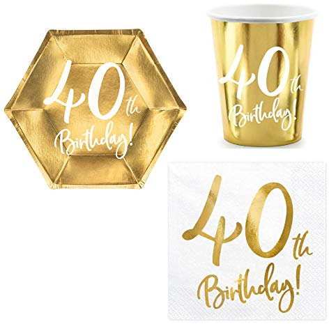 Set 44 pezzi - Kit Coordinato tavola 40 Anni - Colore Oro Lucido - Cinquantesimo Compleanno - decoro buffet feste - 12 piatti + 12 Bicchieri + 20 tovaglioli
