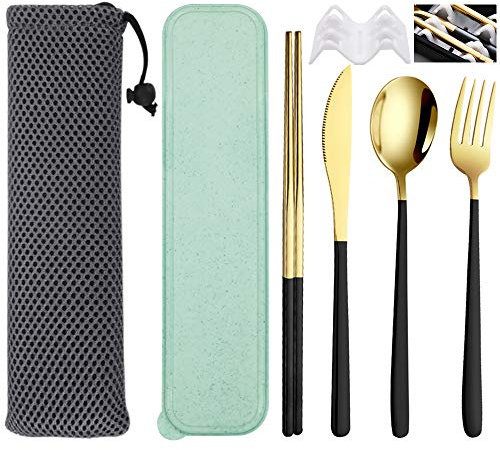 SITAKE 4 Pièces set Couverts Voyage en Acier Inoxydable, Couverts de Camping de Déjeuner Réutilisables avec Etui et Sac de Rangement- Baguettes, Couteau, Fourchette, Cuillère Set(Noir Doré)